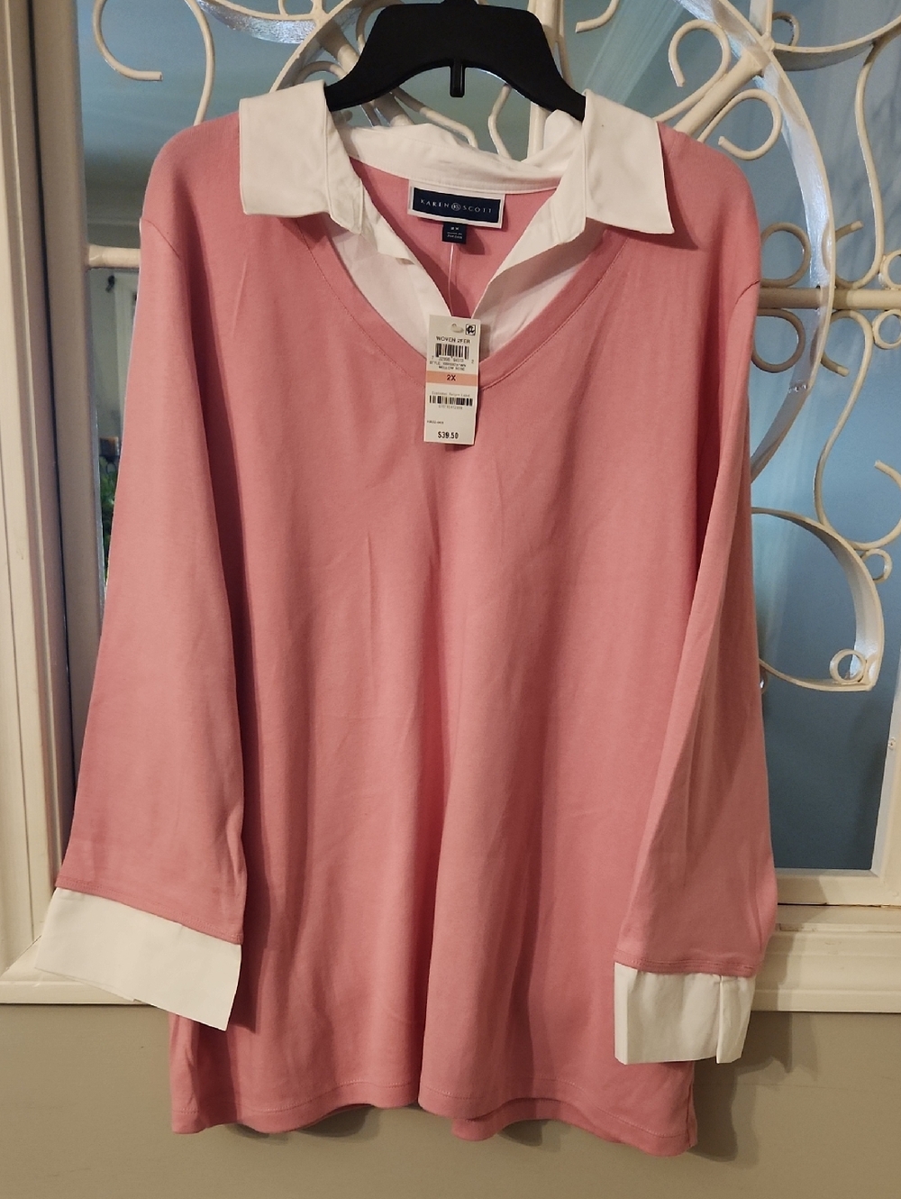 Karen Scott Pink Pullover with Faux White Shirt Collar